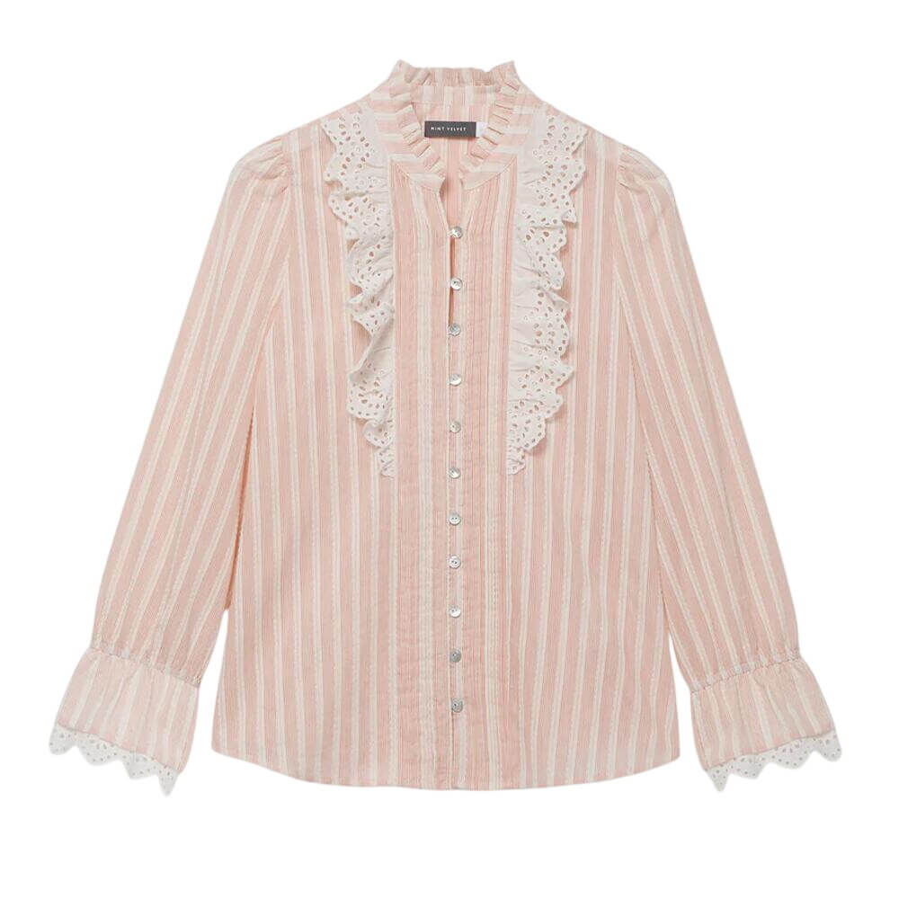 Mint Velvet Pink Striped Broderie Trim Blouse